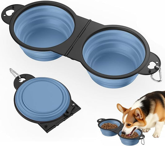 Pawaboo 2-in-1 Collapsible Dog Bowls, Dual Puppy Food and Water Bowls, 180° Flip Over Portable Silicone Dog Bowl with Metal Hook, 450ml Pet Travel Feeder Bowl for Walking Hiking Camping, Morandi Blue