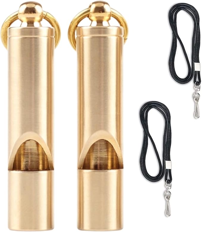 Premium Brass Whistles 125 decimals Set of 2 - Includes 2 Black Lanyard 30 Inches - Loud Survival Whistles - Solid Brass