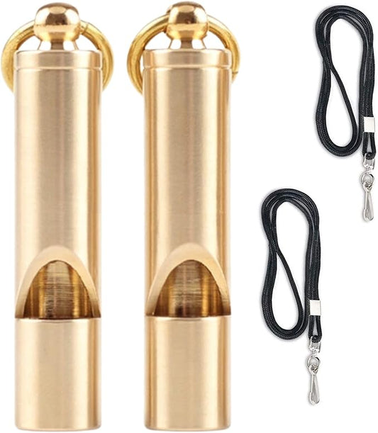 Premium Brass Whistles 125 decimals Set of 2 - Includes 2 Black Lanyard 30 Inches - Loud Survival Whistles - Solid Brass