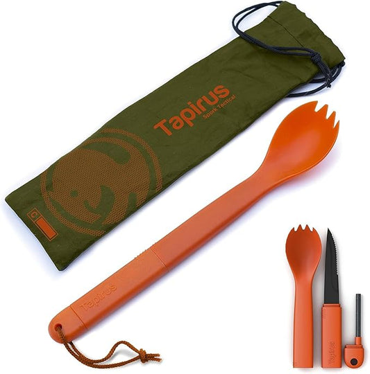 Tapirus Spork Tactical Orange | BPA Free Spoon Fork, Stainless Steel Knife and Fire Starter | 3 in 1 multipurpose utensil | Outdoor hiking, camping & backpacking gear | Fit for MRE