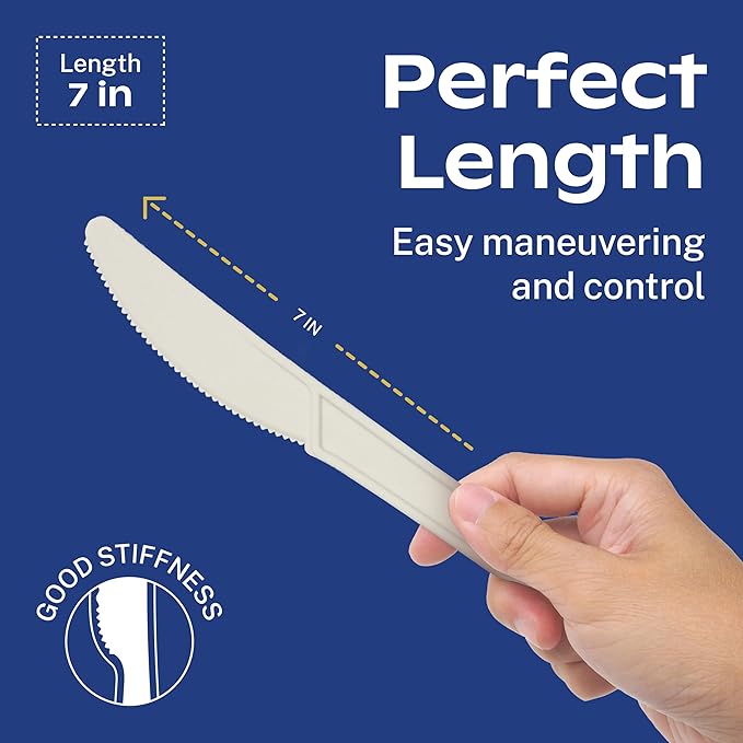 CORAL Ivory White 100% Compostable Knives - 120 Heavy Duty No Plastic Knives (7.0 inch) - Break Resistant with Smooth Edges, Ocean Friendly Alternative to Plastic Silverware - Biodegradable & Disposable Knives