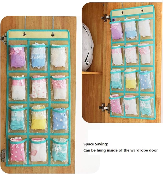 NIMES Hanging Closet Underwear Sock Jewelry Storage Over The Door Classroom Cell Phone Calculator Organizer 12 Clear Pockets (Beige)