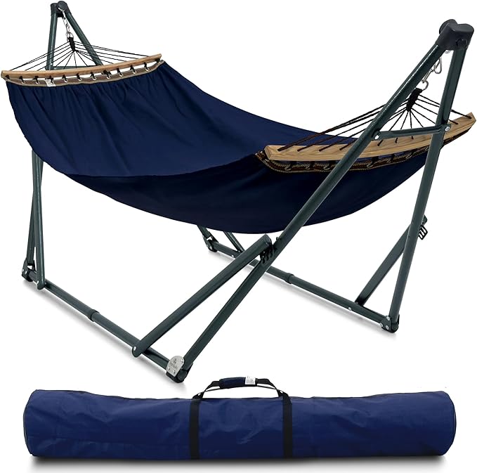 Tranquillo Ultimate Relaxation Portable Hammock Stand with Cotton Canvas, Spreader Bar, Quick Fold Unfold in 30 Seconds Steel Frame Hammock 600 lbs Capacity, Hammock Stand Outdoor, Hammock Set, Navy
