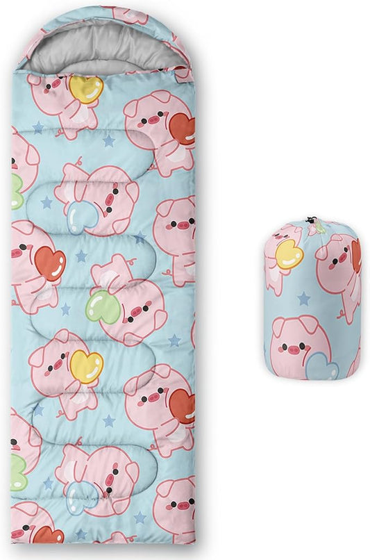 AILONEN Pink Lovely Rabbit Sleeping Bag for Girls Kids Adults,Warm and Cool Weather,Lightweight,Waterproof Backpacking,Cartoon Flowers Printed Bunny Sleeping Bag for Camping