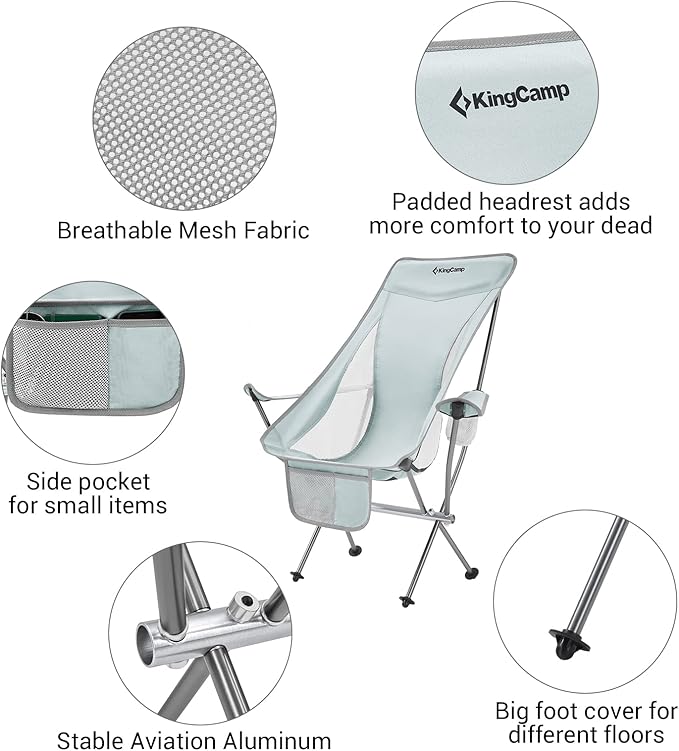 KingCamp Lightweight Compact Camping Folding Chair, Adjustable Height Ultraight Backpacking Chair for Outdoor Hiking, Picnic, Beach, Travel Chairs with Carry Bag