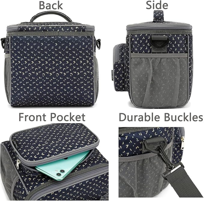FlowFly Insulated Reusable Lunch Bag Adult Large Lunch Box for Women and Men with Adjustable Shoulder Strap,Front Zipper Pocket and Dual Large Mesh Side Pockets,Alphabet