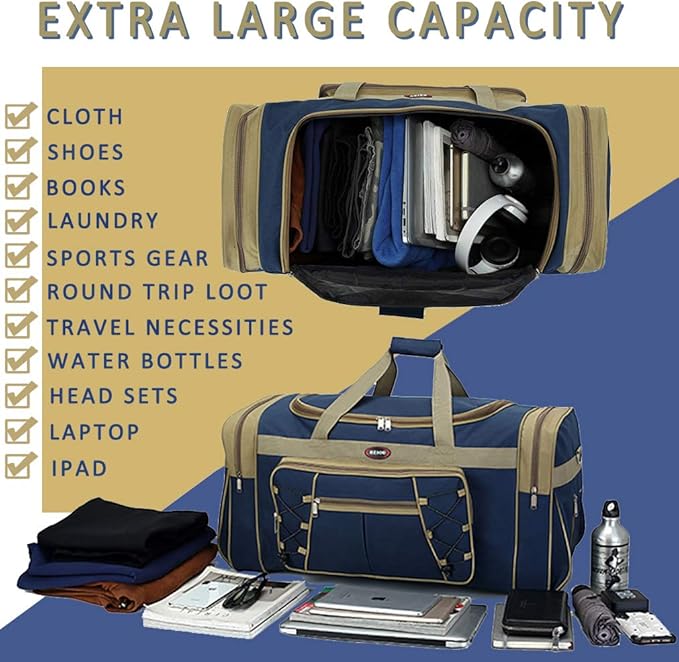 Travel Duffle Bags for Men 26" Weekender Over Night Carry On Bag Lightweight Extra Large Oxford Duffel Gym Sturdy Luggage Water-proof foldable Holdall (Blue)