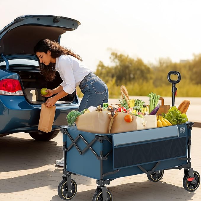 TIMBER RIDGE Collapsible Wagon Cart with Brakes, 200L Large Capacity Compact Portable Easy to Carry Folding Wagon, Utility Grocery Cart for Camping, Gardening, Shopping