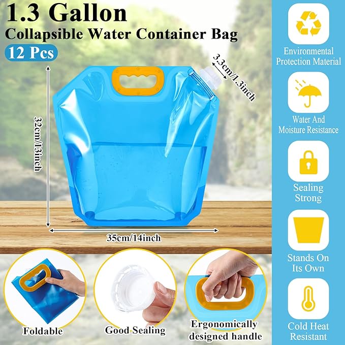 Tessco 12 Pack 1.3 Gallon Collapsible Water Storage Bag Water Container Bag Emergency Jug Foldable Plastic Storage Pouch Freezable Carrier Tank for Outdoor Sport Camping(Blue,Modern)