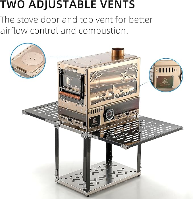 M8 Wood Burning Stove with Oven & Folding Camping Table, Stainless Steel Portable Hot Tent Stove, Including 6 Chimney Pipes, for Camping, Tents, Cooking and Travel Rose Gold