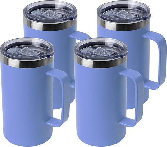 DOMICARE 24oz Mug with Handle and Lid, Stainless Steel Coffee Mug, Travel Mug with Handle, Double Wall Vacuum Coffee Tumbler, Reusable Insulated Cup, Blue, Pack 4