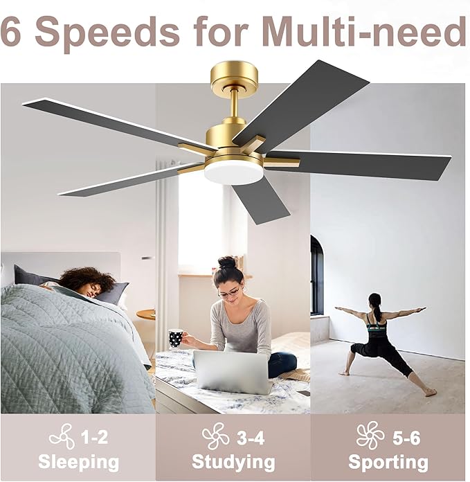 52” Smart Ceiling Fan with LED Lights Remote,Quiet DC Motor,Voice Control via Alexa Google WIFI Phone,Outdoor Indoor Modern Ceiling Fans,Dimmable,for Bedroom Patio Porch,Gold and White Black