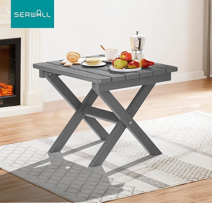 SERWALL Small Folding Side Table, HDPE Outdoor End Table for Patio, Porch, Deck, Pool, Gray