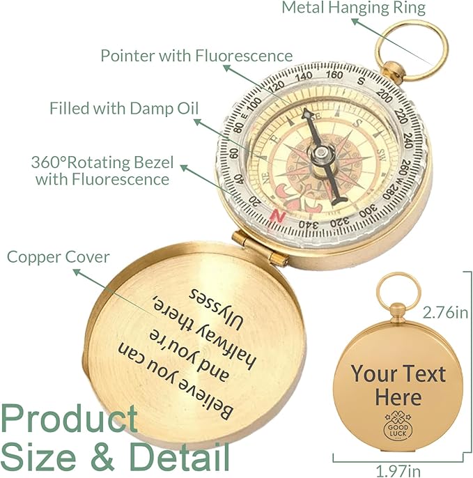 Custom Portable Compasses Keychain with Text Mini Compass with Waterproof Luminous Function Survival Gifts for Men Hiking Camping Hunting Map Navigation Tool