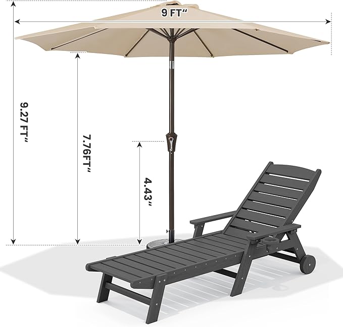 SERWALL Patio Chaise Lounge Chair Set of 2 with 9FT Patio Umbrella, 78'' HDPE Outdoor Lounger 5 Positions Adjustable, Poly Lounge Chair with Rolling Wheels & Cup Holder for Pool,Slate Gray