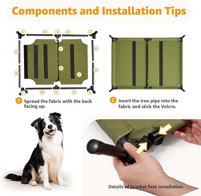 Canvas Elevated Dog Bed, Durable Chew Proof Outdoor Raised Pet Cot for Large Dogs, Waterproof, Breathable, Portable, Washable, Easy Assembly, Sturdy Frame for Camping & Travel, Green