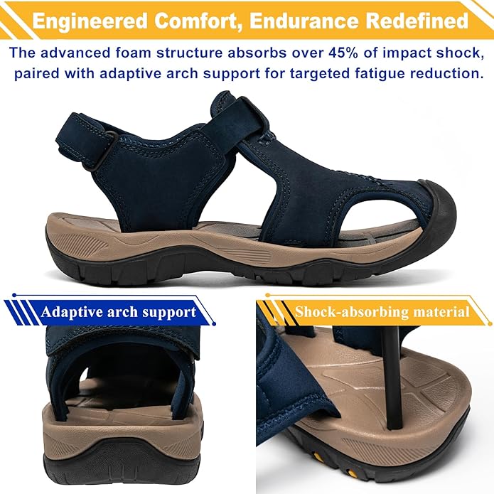 Men's Sport Sandals Closed Toe Leather Hiking Athletic Walking Outdoor Beach Trail River Fishing Water Shoes Lightweight Comfortable Waterproof