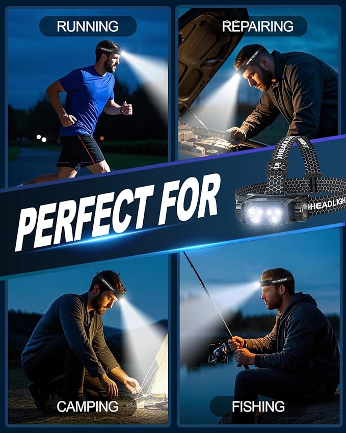 Headlamp Rechargeable 2PCS,4500L Super Bright Light Bright LED Rechargeable Headlight with White Light, Waterproof Head Lamp with Headband for Outdoor Camping, Hiking,Camping Essentials,Working