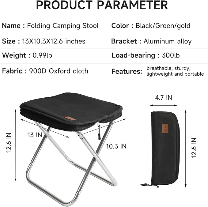 Camping Stool，Portable Foldable Stool aldult Collapsible Chairs Fishing Stool for Outdoor Hiking 300 LBS Load Black 2-Piece Set