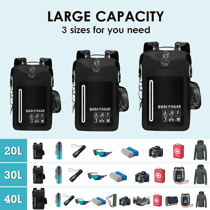 Dry Bag Backpack 20L/30L/40L- Roll Top Closure Bag - Heavy Duty Dry Bags Waterproof - Lightweight Durable Floating Dry Bag with IPX8 Waterproof Phone Case