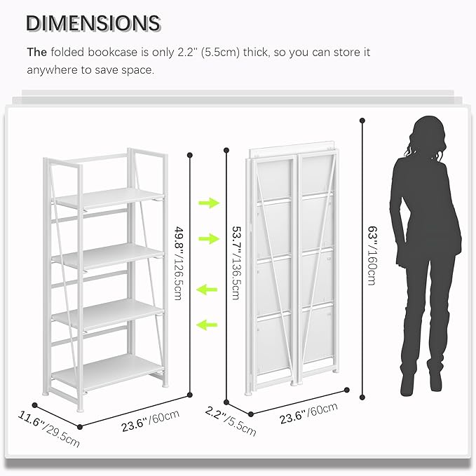 4NM No-Assembly Folding Bookshelf Storage Shelves 4 Tiers Vintage Bookcase Standing Racks Study Organizer Home Office (All White)