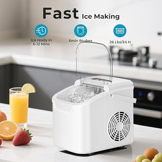 Portable Countertop Ice Maker – 26.5lbs Daily Ice Production, 8 Bullet Cubes in 6 Mins – Self-Cleaning, Selectable Ice Sizes & Touchscreen Display for Home/Office/Bar