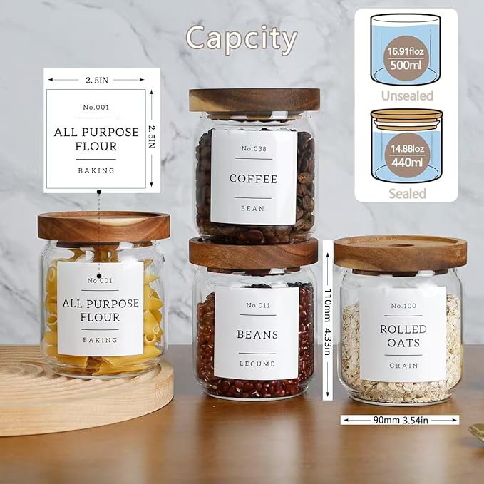 16 OZ Stackable Glass Food Storage Jars with 132 Pantry Labels Preprinted - 6 Pcs Thicken Glass Storage Containers with Airtight Acacia Lid - Clear Kitchen Canister for Spice, Tea, Coffee, Sugar
