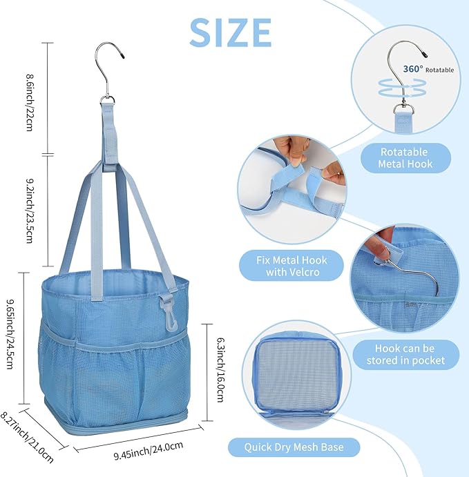 Mesh Shower Caddy Portable for College Dorm Room Essentials, Shower Tote Bag with Hanging Hook and Drawstring, Quick Dry Toiletry Bag with 6 Pockets for Bathroom, Swimming, Gym, Camping, Beach, Travel
