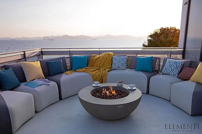 Elementi Lunar Bowl Cast Concrete Fire Table Bundle, Outdoor Fire Pit Fire Table Patio Furniture, Light Gray (Liquid Propane Gas)
