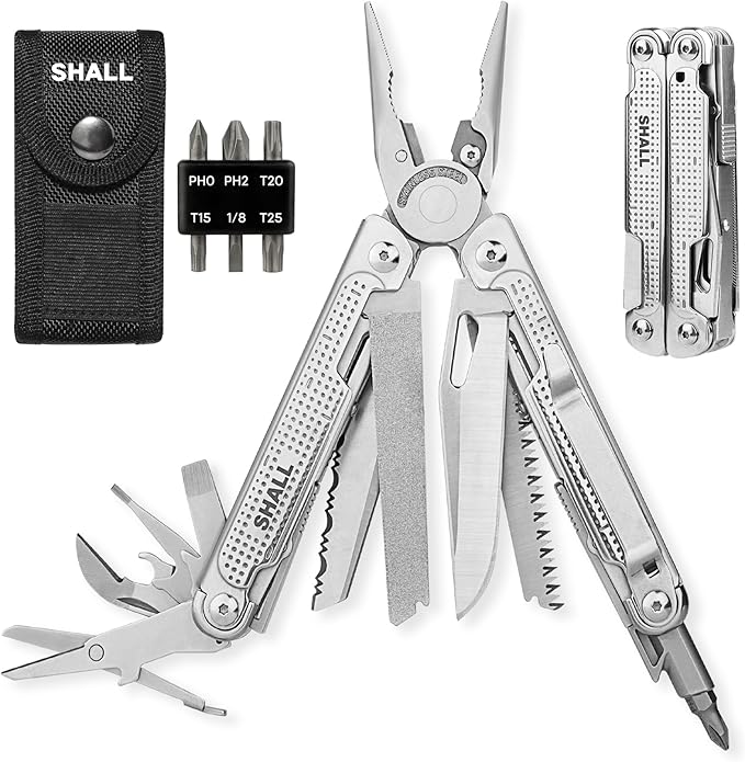 SHALL Multi Tool, 18-in-1 Multitool Pliers, Stainless Steel Multi-tool Pocket Knife w/Screwdriver Bit, Self-locking Multipurpose Tool w/Sheath for Camping Fishing Survival Hunting