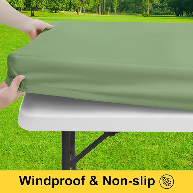 Smiry Picnic Table Cover with Bench Covers, Waterproof Elastic Fitted Polyester Tablecloths for 6 Ft Rectangle Tables, Washable Windproof Tablecloth for Camping, Outdoor (Sage Green, 30x72 Inches)