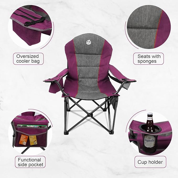 Northroad Oversized Portable Camping Chair, Full Padded Outdoor Folding Chair Support 350 LBS, Heavy Duty Lawn Chair with Cup Holder, Cooler Bag, Lumbar Support, Head Pocket for Adult (Purple)