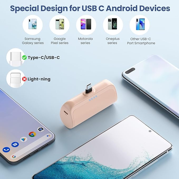 Mini Portable Charger 5200mAh,Ultra-Compact USB C Power Bank Portable Phone Charger,PD Fast Charging Cell Phone Battery Pack Compatible with Samsung Galaxy,Moto,LG,Google Pixel Android-Light Orange