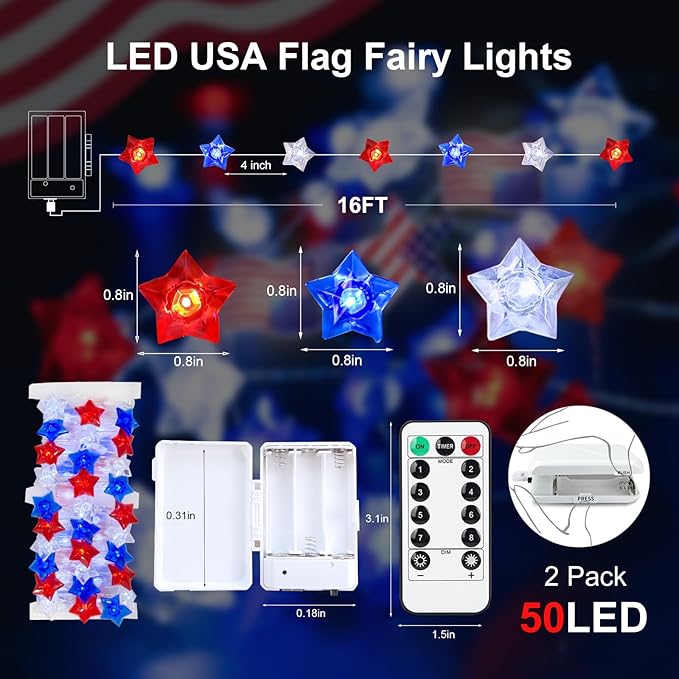 4th of July Decorations String Lights 2Pack, 16FT 50LED Red White Blue Stars Patriotic String Lights with Remote, USB & Battery Powered Fairy Light for Patriotic Memorial Day Independence Day Decor