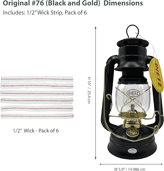 Light of Mine - Dietz #76 Original Black with Gold Trim Oil Lantern with 1/2" Replacement Wick Strips (Black with Gold Trim)
