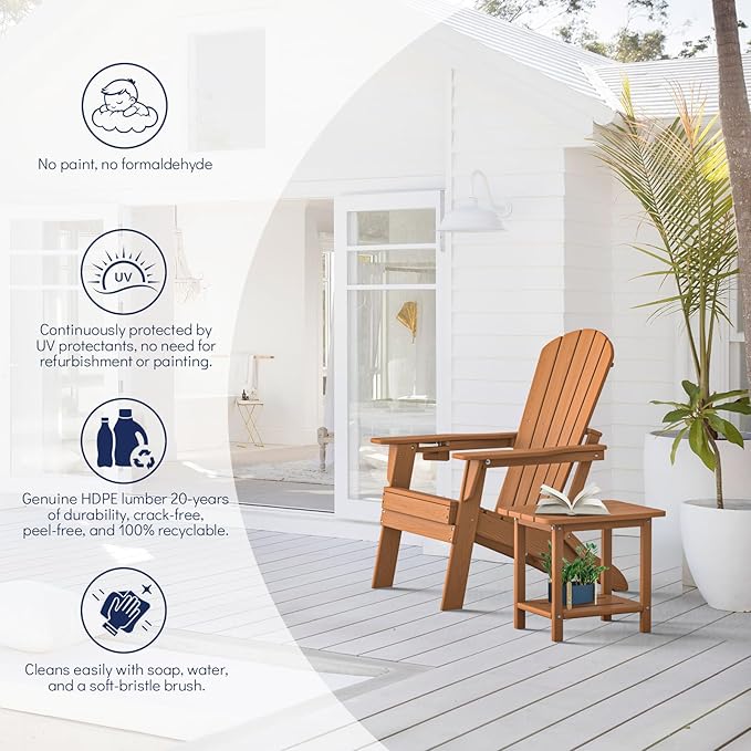 Folding Adirondack Chair, SGS Tested, Wooden Textured with Cup Holder, Heavy All-Weather HDPE Comfortable Set Poolside Backyard Lawn Teak Set 4