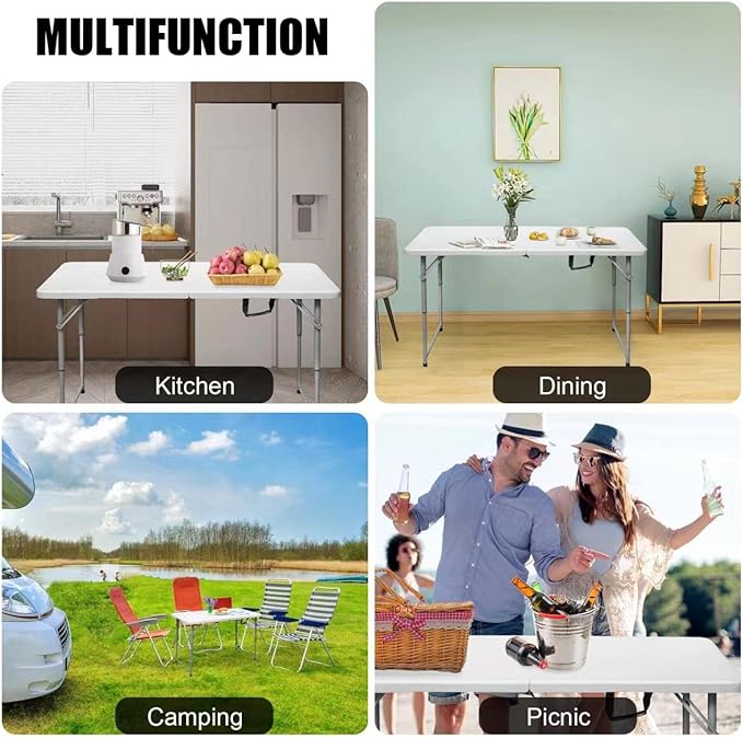 Folding Table 4 Foot Portable Heavy Duty Plastic Fold-in-Half Utility Table Small Indoor Outdoor Adjustable Height Folding with Carrying Handle, Camping and Party,White