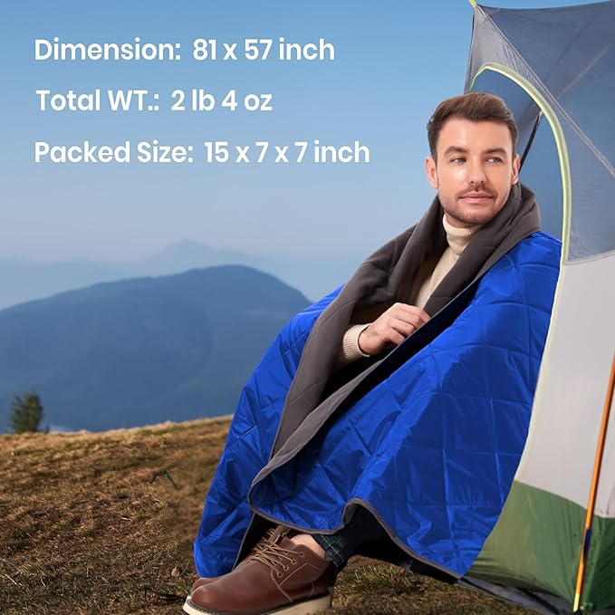 4-in-1 Large Outdoor Blanket - Waterproof & Windproof Thickened Warm Fleece Camping Blanket for Stadium, Hiking, Sporting Events - 81"x57", Packable (Sapphire Blue)