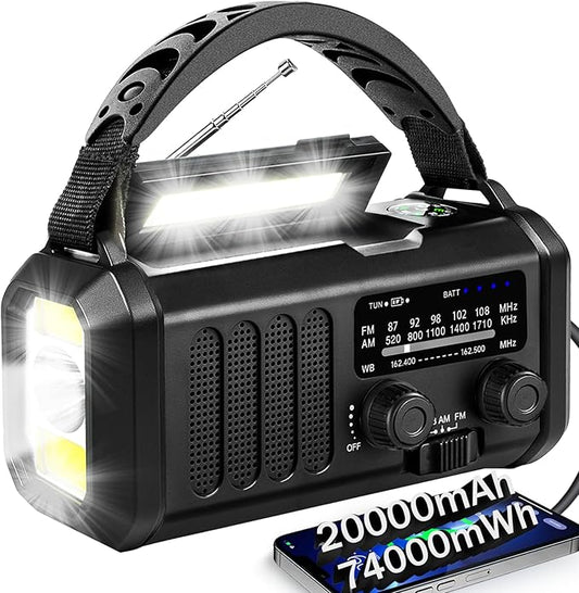 Hand Crank Emergency Radio,74000mWh Solar Powered Portable NOAA AM FM Weather Radio with 3 Mode Flashlight and Reading Light,Cell Phone Charger,Home and Emergency Distress Signal (Black)