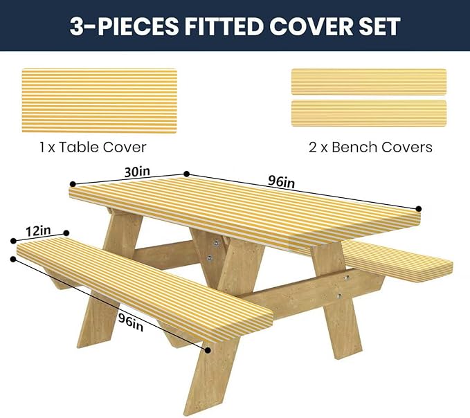 CAPSCEOLL Fitted Picnic Table Cover with Bench Covers with Elastic 8Ft Waterproof Camping Picnic Table Cover Cloths for Outdoors Camping Tablecloth with Drawstring Bag, 96X30in, Orange White
