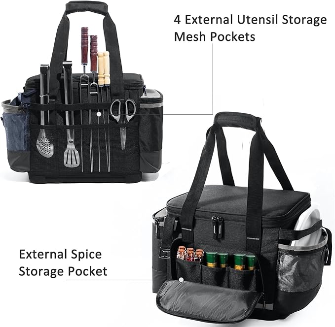Large Grill Caddy with Lid with Adjustable Dividers, BBQ Outdoor Organizer Bag, Picnic Camping Utensil Caddy, Tailgating Essentials, Grill Gifts for Father's Day