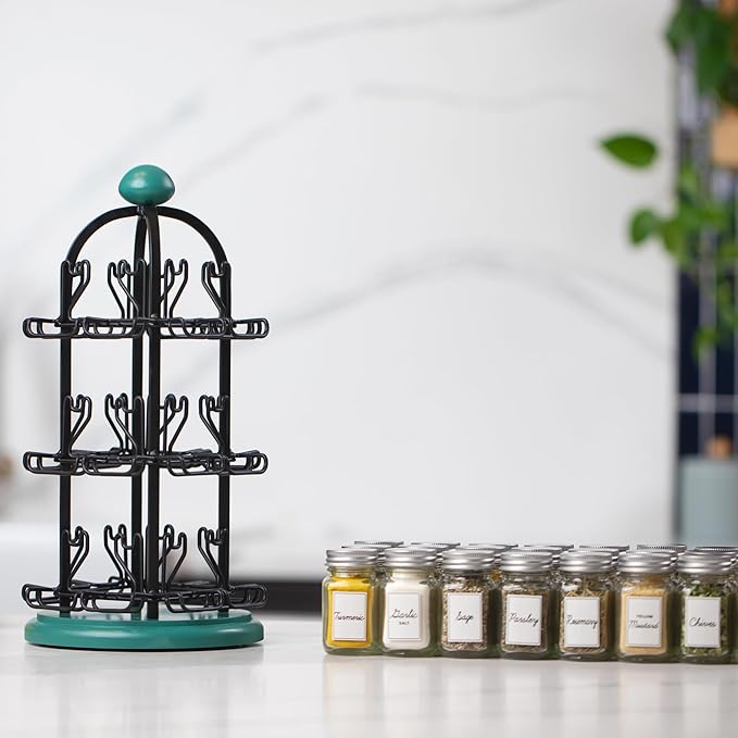 Orii Adrinova 24 Jar Revolving Spice Rack with Spices Included, Spice Organizer for Kitchen Countertop, Black & Green
