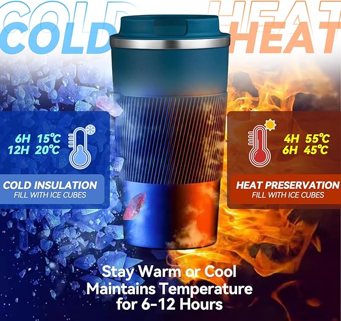 17OZ Travel Coffee Mug Insulated Coffee Cup with Spill Leak Proof Lid, Portable Stainless Steel Tumbler Reusable Hot and Cold Water Mug for Car, Daily, Camping- Blue