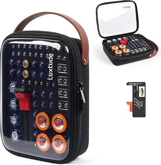 Luxtude Battery Storage Organizer, Clear Battery Organizer Storage Case with Tester,Hard Batteries Holder, Portable Batteries Case Organizers, Drawer Caddy & Daddy,Camping Accessories (Black)