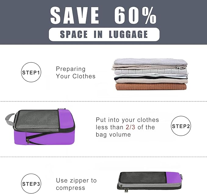 BAGAIL 4 Set/6 Set/8 Set Compression Packing Cubes Travel Accessories Expandable Packing Organizers(Purple HalfMesh 6 Set)