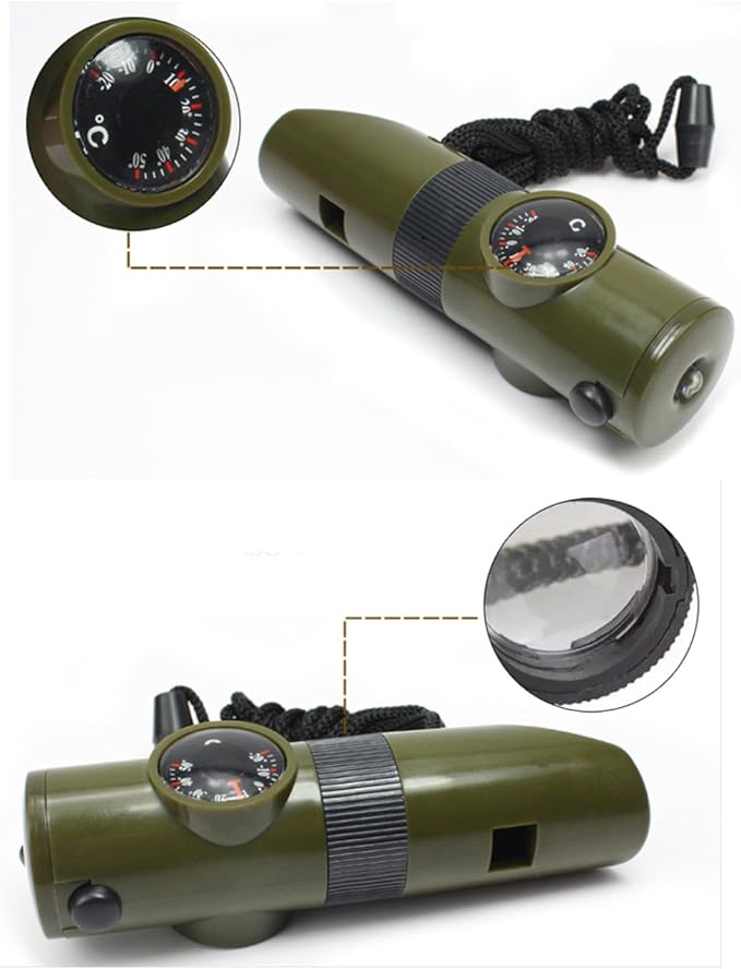 TRENDBOX Multifunctional 7 in 1 Camping Hiking Outdoor Whistle with Compass Magnifier LED Flashlight Thermometer for Emergency Survival Traveling