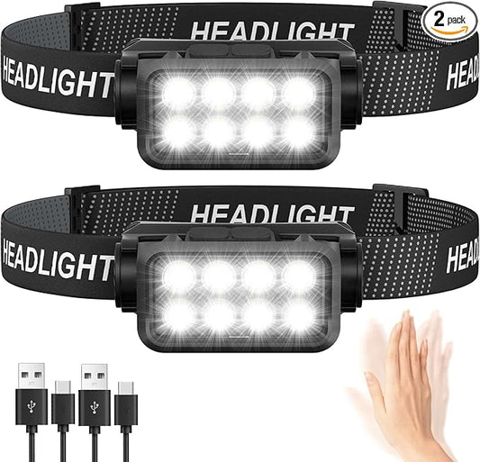 Rechargeable Headlamp Flashlight 2-Pack, 8 LED 2500 Lumen Ultra-Light Bright Headlight with Motion Sensor, Waterproof Lightweight Head Lamp for Adult Kid, Headlamps for Outdoor Camping Running Fishing