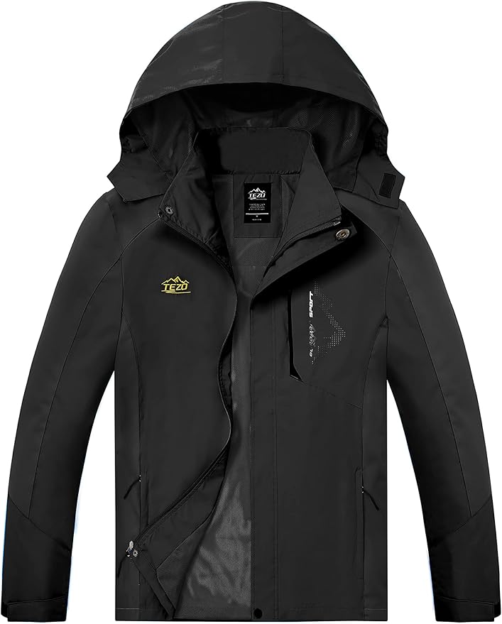 TEZO Mens Rain Jacket Waterproof with Hooded Hiking Coat Lightweight Windbreaker