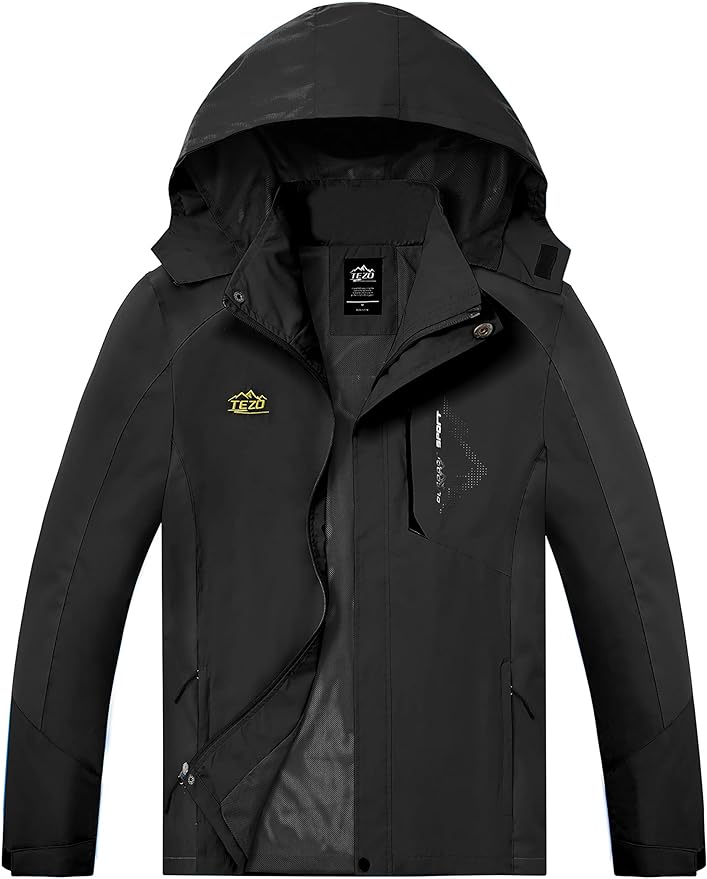 TEZO Mens Rain Jacket Waterproof with Hooded Hiking Coat Lightweight Windbreaker