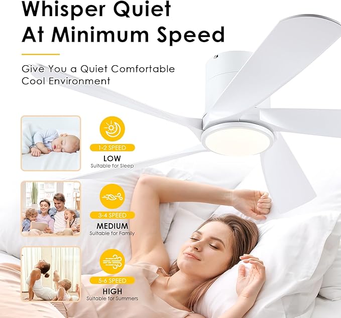 54" Flush Mount Ceiling Fan - White Low Profile Ceiling Fans with Lights and Remote/APP, 6 Speeds and Reversible 5 Fan Blades, Indoor Modern Ceiling Fan LED Light for Bedroom, Living Room